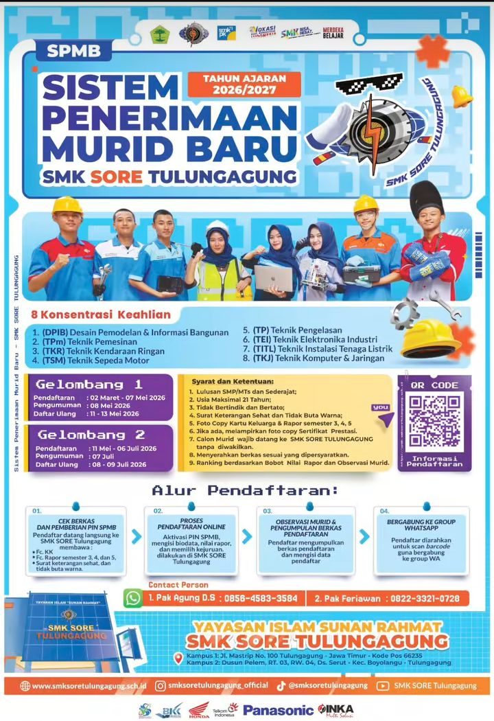 SMK Sore Tulungagung Buka SPMB Tahun Ajaran 2026/2027, Siapkan Lulusan Siap Kerja dan Berdaya Saing