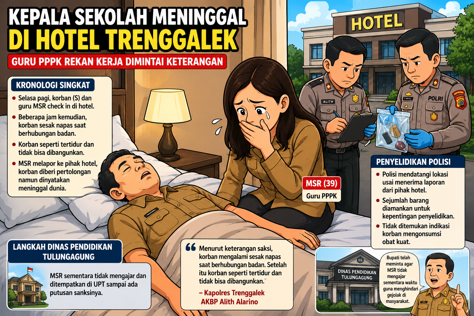 Tragedi Oknum Kepsek Asal Tulungagung Tewas Saat Kencan Terlarang Dengan Guru SD di Hotel Trenggalek